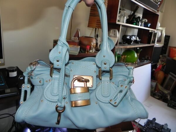 Chloe Paddington Gold Padlock Key Hand Bag Blue Leather - Image 2
