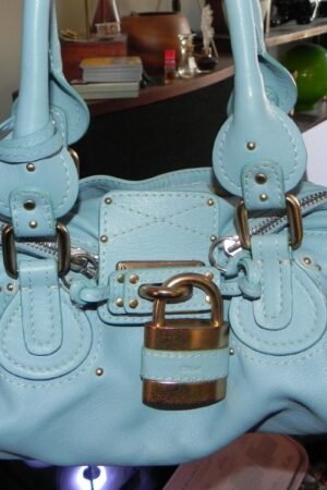 Chloe Paddington Gold Padlock Key Hand Bag Blue Leather